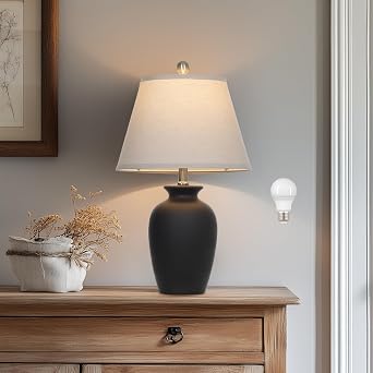 Cinkeda 22" Black Ceramic Farmhouse Table Lamp with Ginger Jar Design - for Living Room,Dining Room,Bedroom,Office,Nightstand,End Table