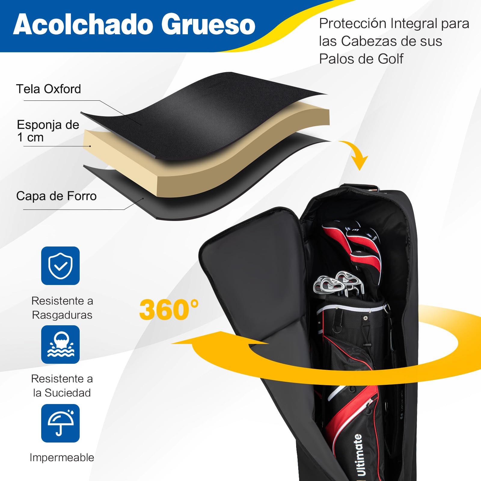 COSTWAY Bolsa de Viaje de Golf con Ruedas, Tejido Oxford Resistente con Tarjetero, Cremallera de 2 Vías y Cerradura, Funda de Viaje Plegable y Portátil para Palos de Golf con Asas