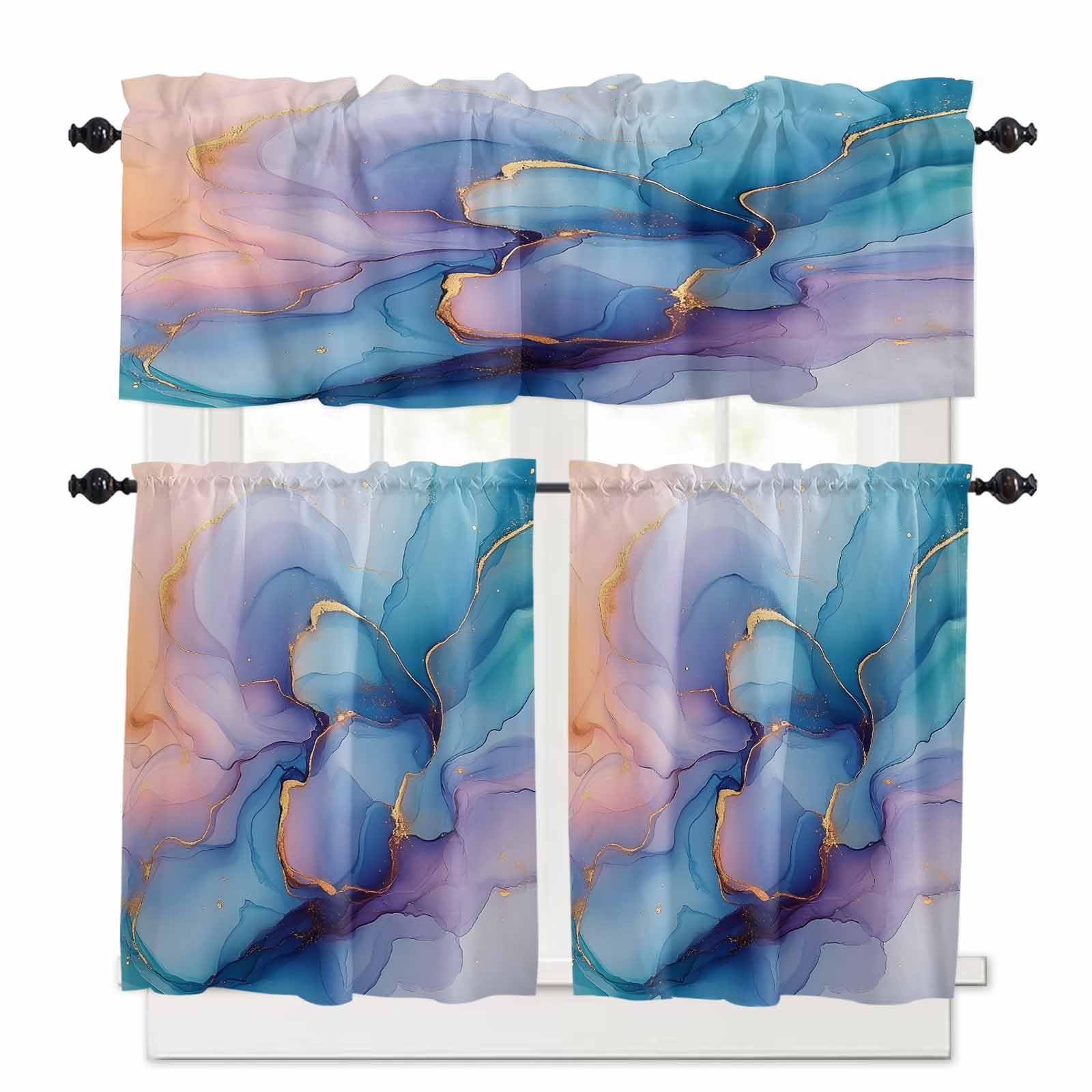 Blue Purple Marble Kitchen Curtains 24 Inch Length, 3 Piece Rod Pocket Small Half Tiers and Valance Set, Modern Teal Gold Geometric Small Large Window Treatment Decor for Bedroom/Bathroom Sink