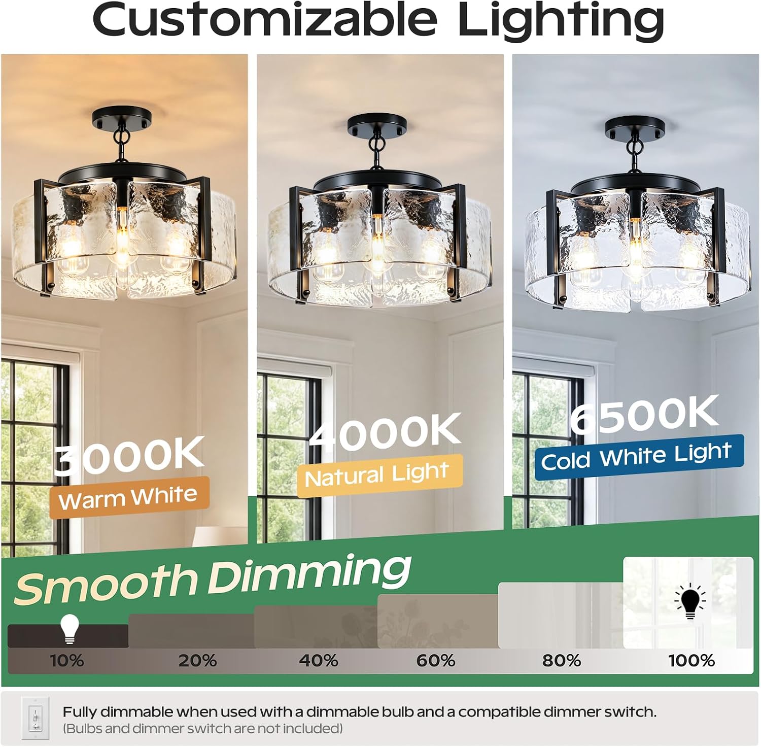 Black Chandelier for Dining Room, 18 Inch 4-Light 2-in-1 Convertible Pendant and Flush Mount with Drum Textured Glass, Modern Farmhouse Light Fixture for Kitchen Island, Entryway, Foyer, Living Room