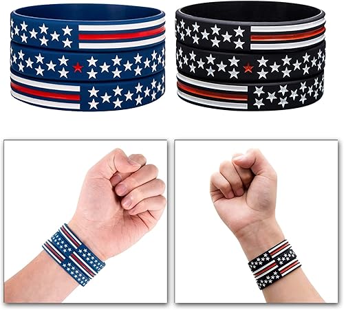 Miniatura 6 de COYOUCO Paquete de 10 pulseras con la bandera estadounidense, fina línea roja, de goma de silicona, para americanismo, patriótico, vacaciones,