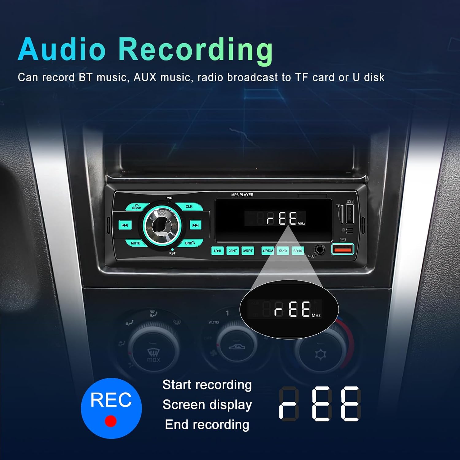 Image showing the car stereo display during audio recording, with 'REC' and 'EEE' indicators.