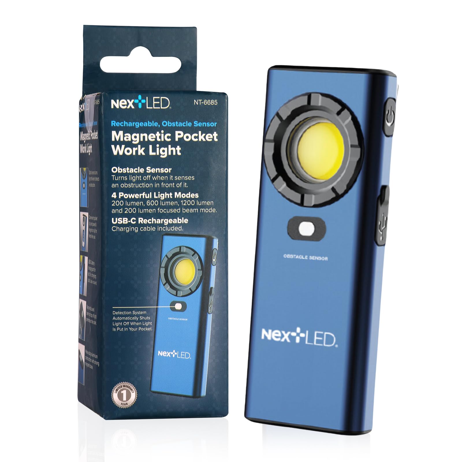 NextLED NT-6685 Pro LED Rechargeable Work Light, 1200 Lumen HVAC Flashlight w/Obstacle Sensor, Magnetic Work Light w/Hanging Hook, IPX7 Waterproof,