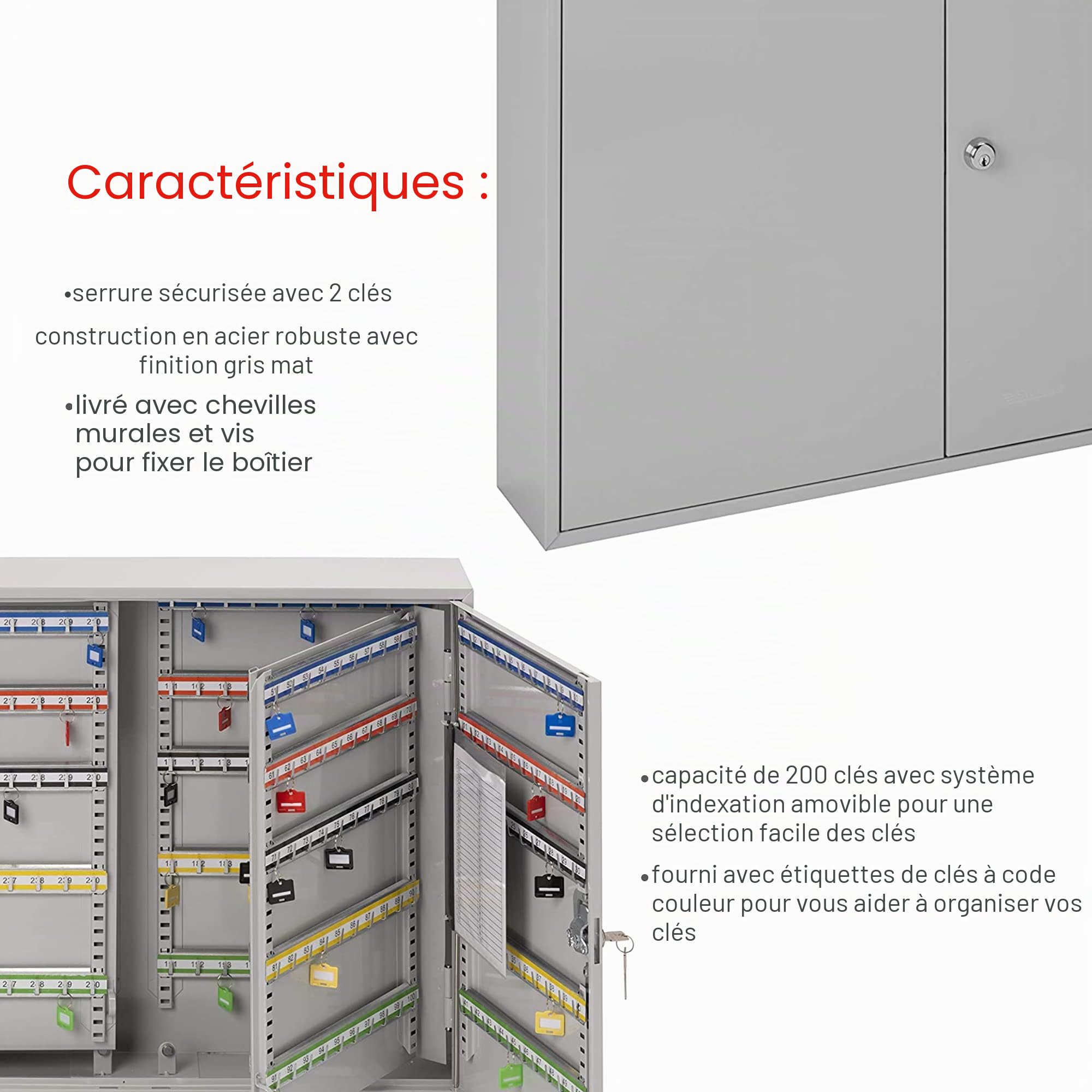 Burg-Wachter KC200HL Sterling Armoire à clés robuste à double porte, gris, 200 crochets pour clés