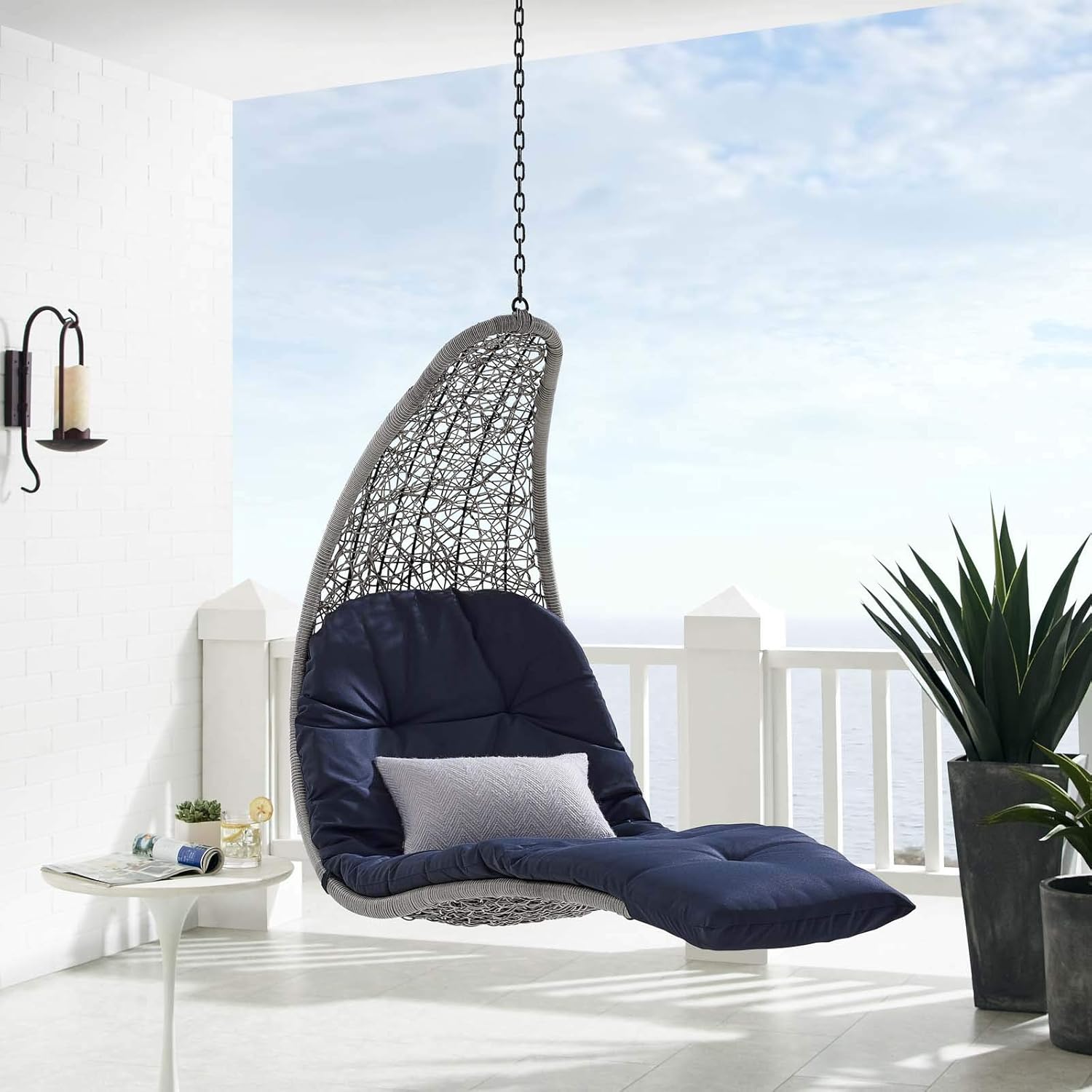 Modway Landscape Wicker Rattan Outdoor Patio Porch Chaise Lounge Hanging Swing Chair in Light Gray, Navy