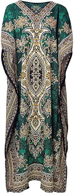Women's Long Printed Kaftan Kimono Tunic Dress Plus Size Maxi Gown Top Night Dress Full Cover-up (Green), Green, Medium