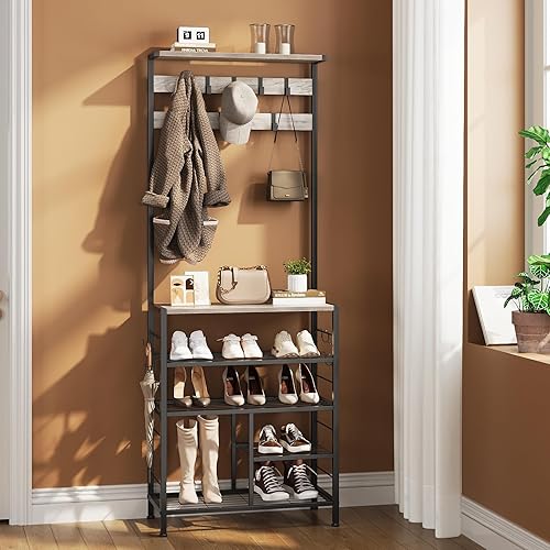 Miniatura 3 de GiftGo Árbol de pasillo grande vintage de 5 niveles con mesa de consola, perchero de entrada, estante de almacenamiento para zapatos, estante