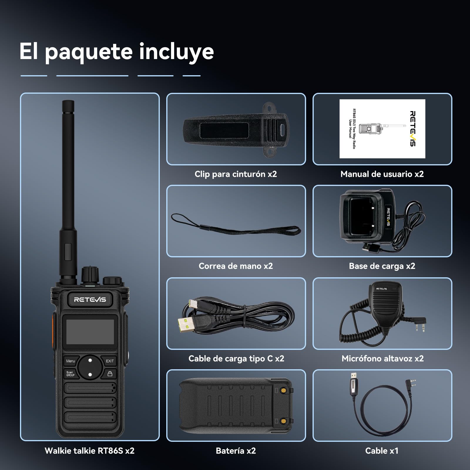 Retevis RT86S Walkie Talkie Profesional, Walkie Talkie para Almacenes | Walkie Talkie Bateria Recargable con Micrófono, Tipo C, Pantalla LCD, 2600 mAh para Construcción, Almacenes, Negro, 2 Piezas