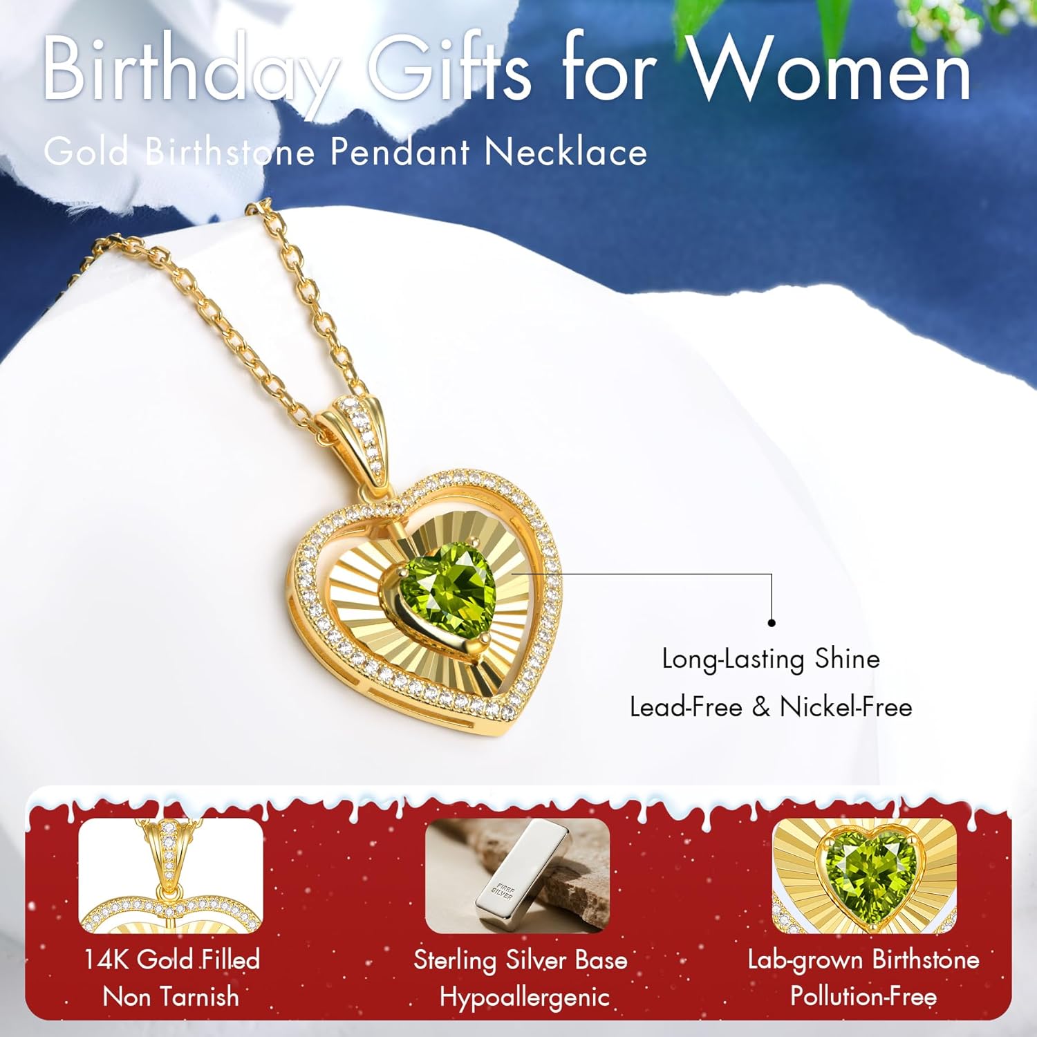 Kstyle Valentine's Day Gifts for Women - 14K Gold Reversible Heart Birthstone Necklace with Zodiac Engraved Back, Wife Daughter Mom Anniversary Birthday Gift Non Tarnish 16"+2"