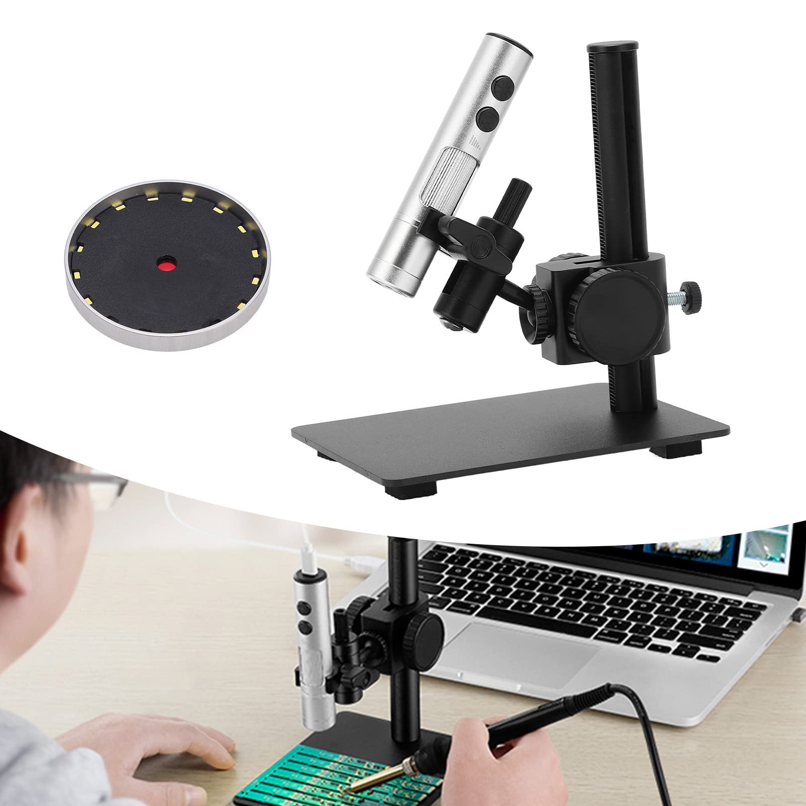Cocoarm Zestaw Mikroskopu Cyfrowego, Mikroskop USB ze Stopu Aluminium o Rozdzielczości 12 MP 3840x3104, Zoom 750X, Typ C, Oświetlenie LED, Regulowany Stojak 360 do Kontroli Fotografii CNC