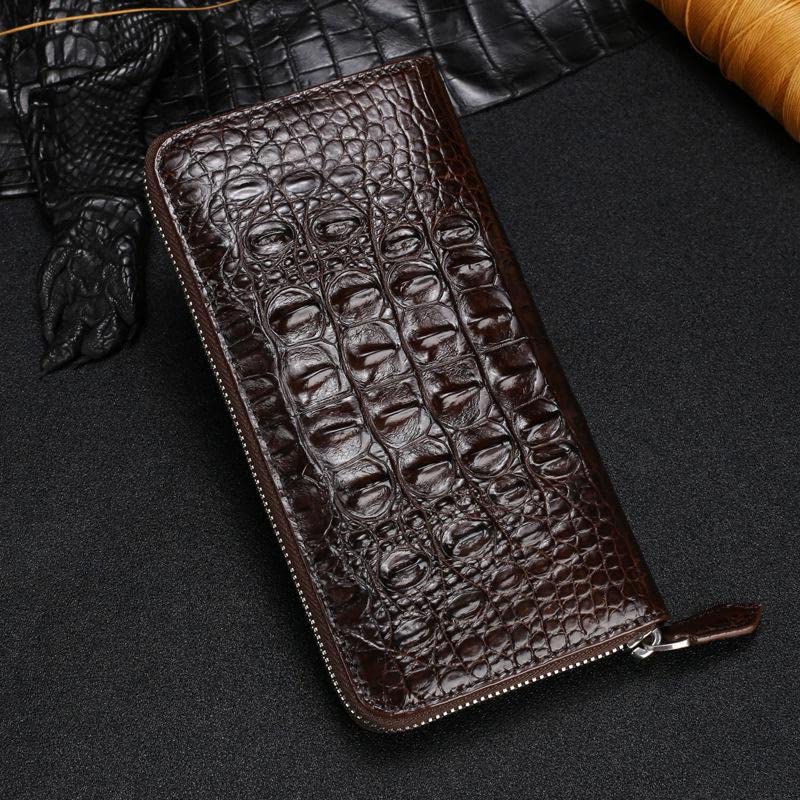 Luxury Genuine Crocodile Leather Skin Mens Wallet Zipper Long Wallet Men Purse Clutch Bag (Crocodile Belly Brown)3