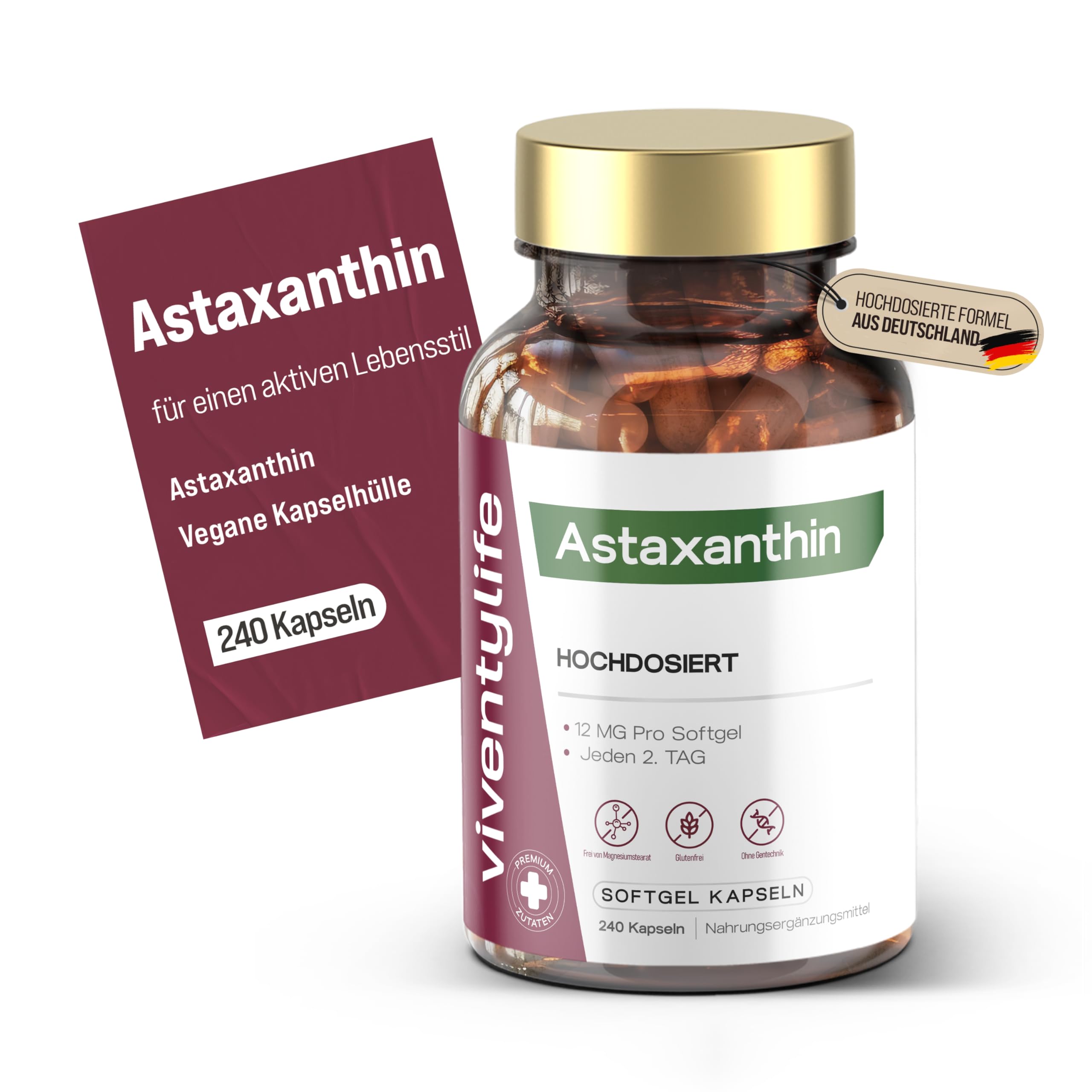 Astaxanthin Hochdosiert 12mg pro Softgel Kapseln, 16 Monate Vorrat, Premium Astaxanthin aus der Blutregenalge (Haematococcus pluvialis) - 240 Kapseln