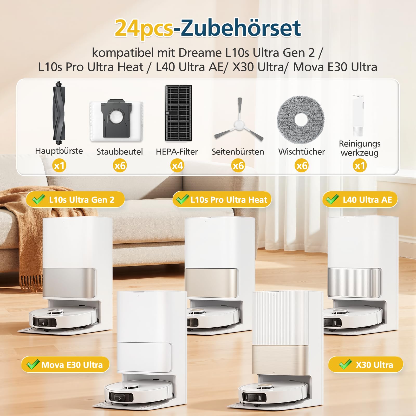 24 sztuki akcesoriów do Dreame L10s Ultra Gen 2 / L10s Pro Ultra Heat / L40 Ultra AE/ X30 Ultra/Mova E30 Ultra robot odkurzający, 1 szczotka główna, 6 worków do kurzu, 6 ściereczek, 4 filtry HEPA, 6