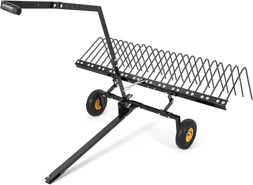 60-Inch Tow-Behind Landscape Rake, Heavy-Duty Steel Dethatcher & Pine Straw Rake for ATV, UTV, and Garden Tractors
