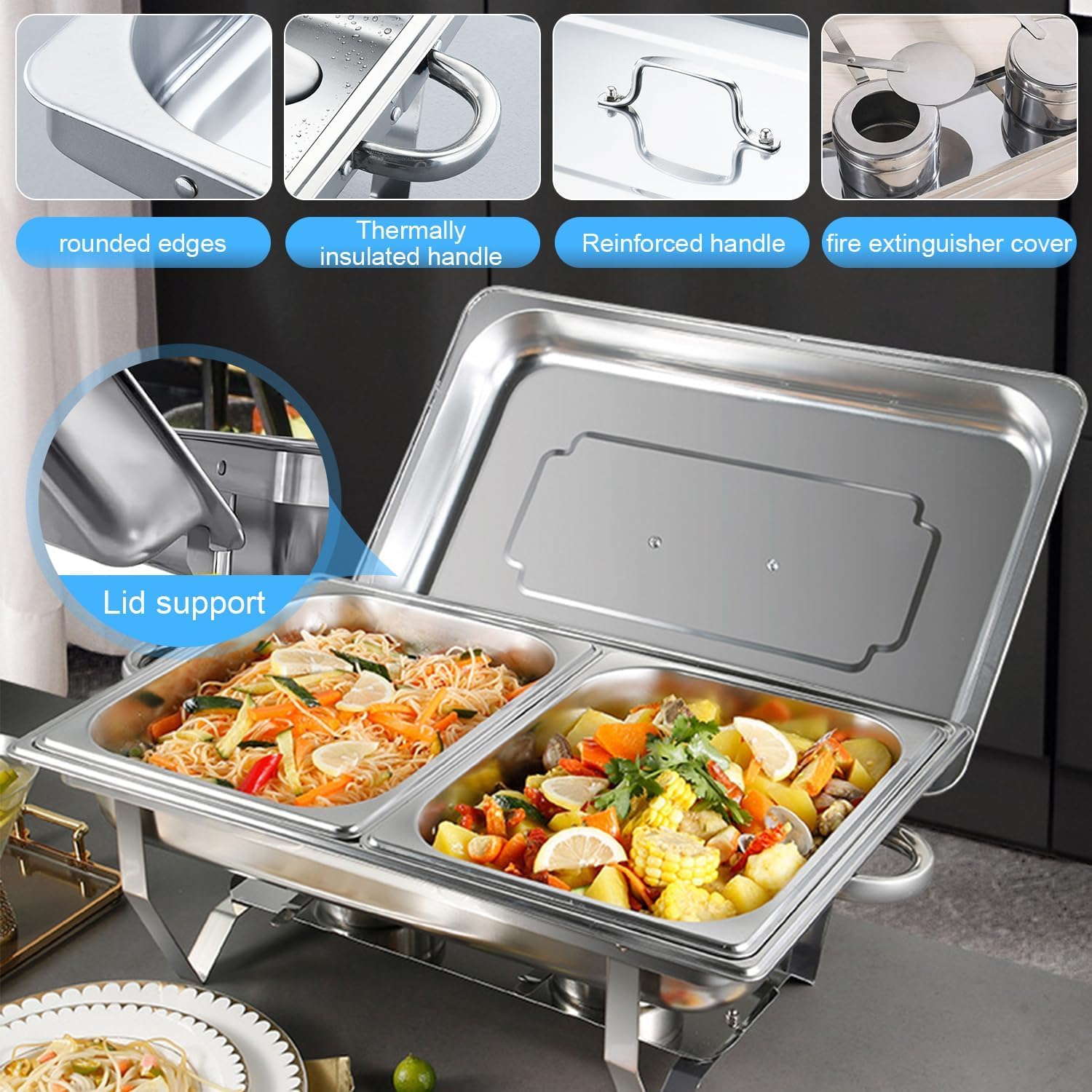 Paquete de 2 platos de 9 L para bufé, catering, calentador de alimentos, sartén fría y caliente con soporte para tapa, juego de platos de cena de acero inoxidable grueso, servidor de buffet para