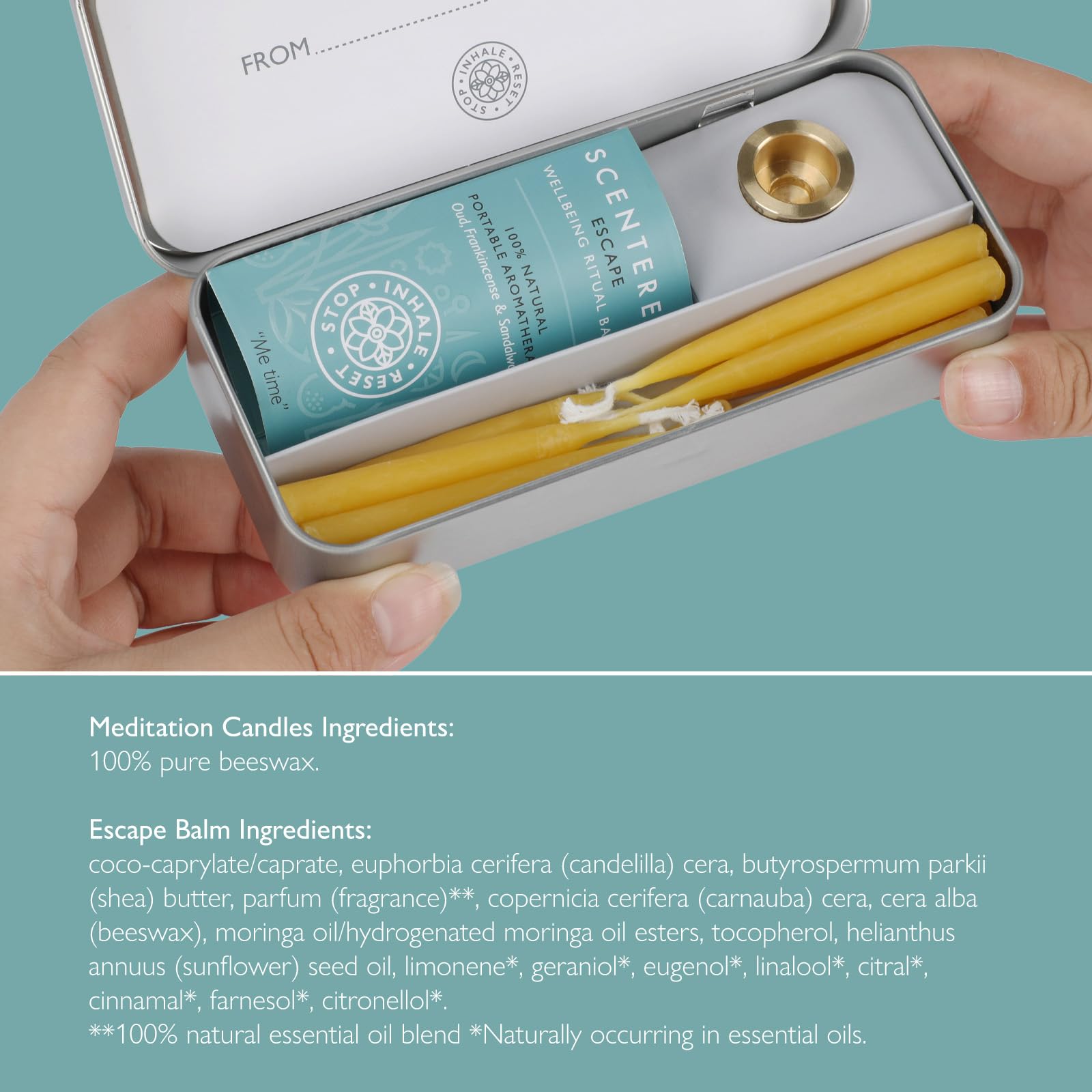 Scentered Aromatherapie-Balsam & Meditationskerzen-Set – Achtsame Entfliehungsentspannung – x12 Bienenwachskerzen mit Messinghalter und 1 Balsam aus ätherischem Öl