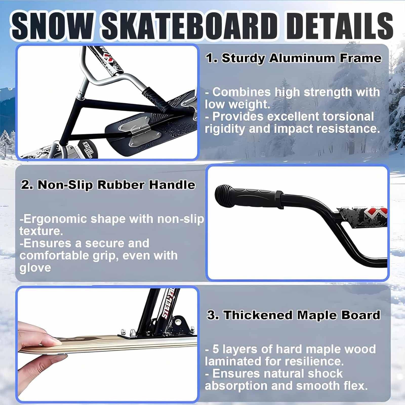 Snowboard Pliable avec poignées, Rotation à 360°, Conception à Double Ski, capacité de Charge maximale : 200 kg, motoneige Tout Terrain adaptée aux familles et aux débutants
