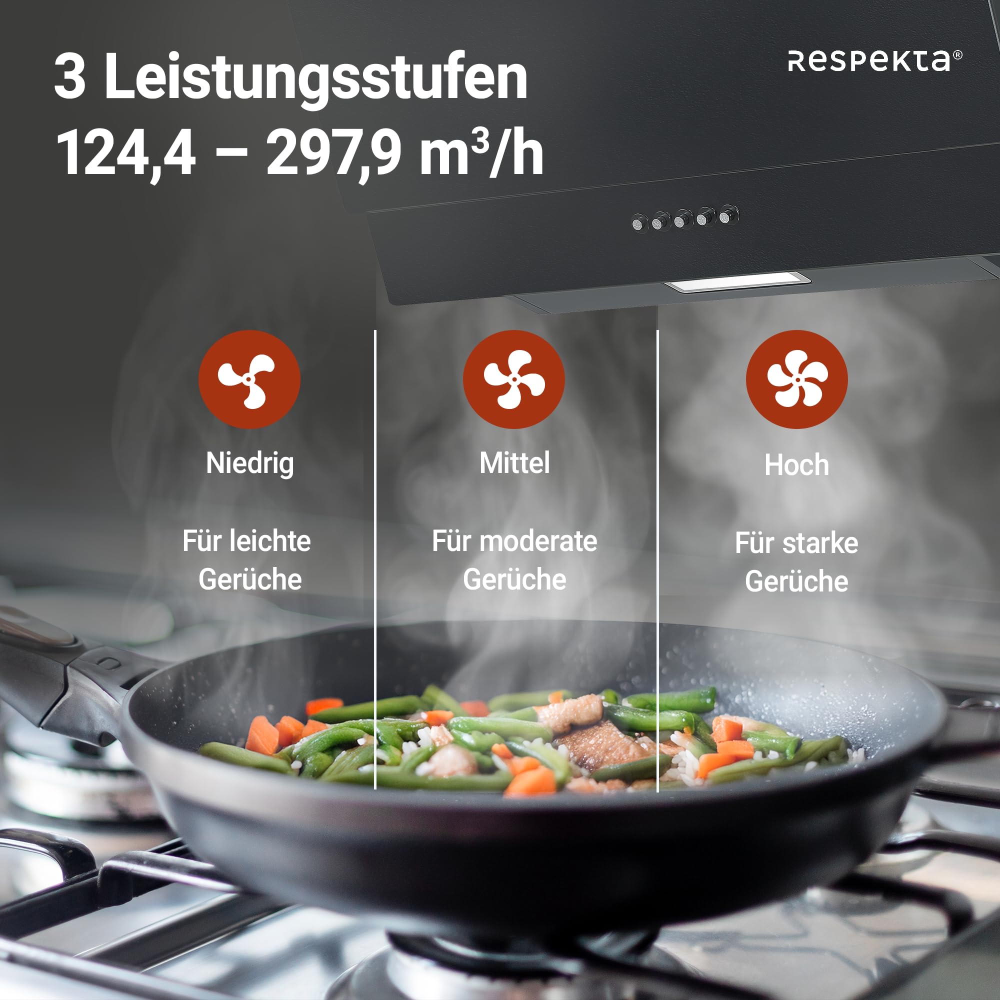 Respekta Dunstabzugshaube in matt schwarz mit Glasschirm/Kopffreie Schräghaube 60 cm/A+ / Abluft- und Umluftbetrieb/Luftstrom 297,9 m³/h / 47–67 dB / CH35060MS-19