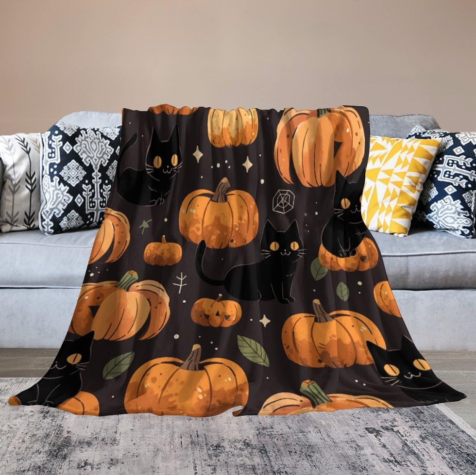 Miniatura 6 de Manta de calabaza de gato negro de Halloween para otoño, Halloween, manta suave y cálida de 50 x 60 pulgadas, manta súper suave y acogedora para