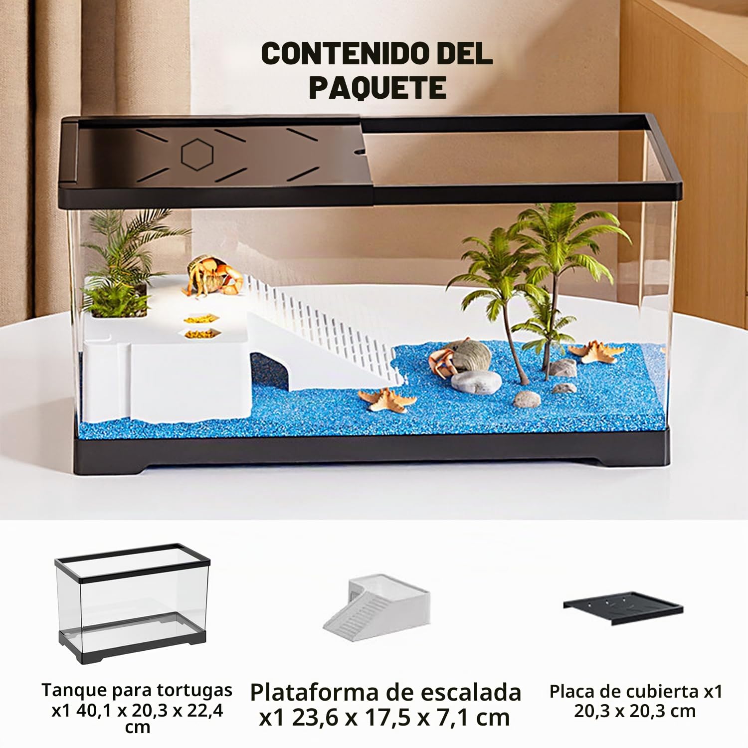 Pecera de Tortuga con Plataforma para Tomar el Sol y Drenaje Inferior, 40 x 20 x 22,5 cm Tanque de Tortugas acuáticas para Tortugas Juveniles, cangrejos de río, cangrejos, Anfibios, Reptiles Negro