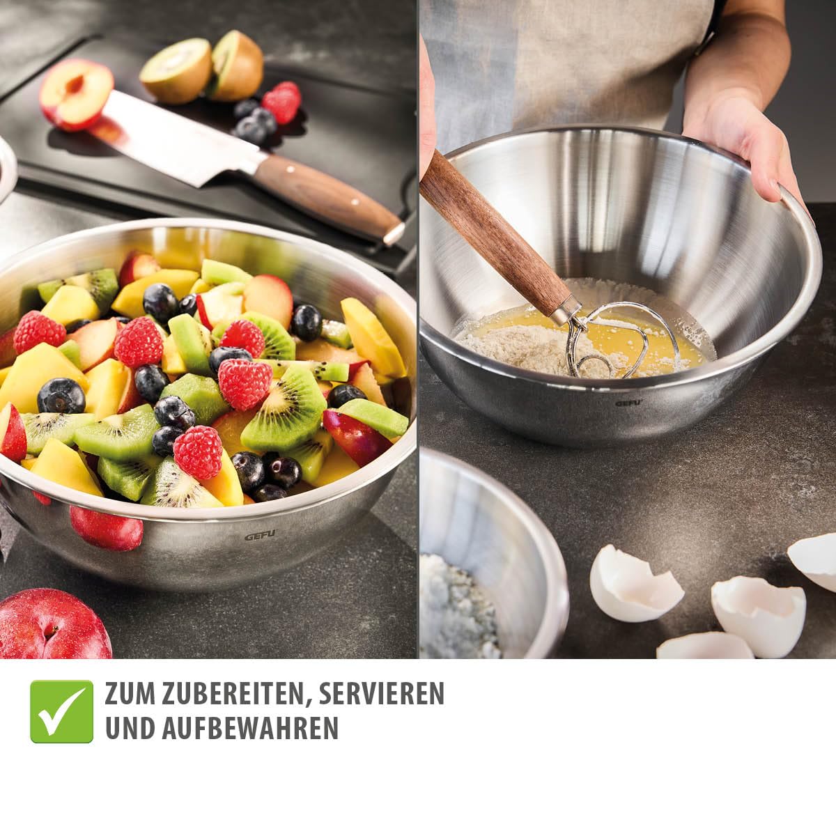 GEFU 4x Edelstahlschüssel-Set CAVARO - Küchenschüssel mit Schüttrand | Salatschüssel Set stapelbar aus Edelstahl - Rührschüssel spülmaschinengeeignet für Teig & Sahne - 1l, 1.5l, 2.7l & 3.5l