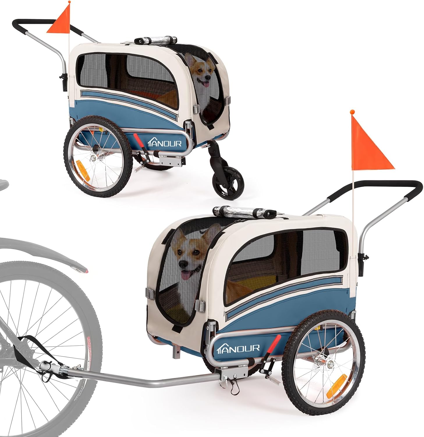 ANOUR 2 in 1 Pet Bicycle Trailer and Jogger Travel Carrier Suitable for Small and Medium Dogs, Easy Folding Cart Frame, Quick Release Wheel, Universal Bicycle Coupler, Carrier Up to 66 LBS