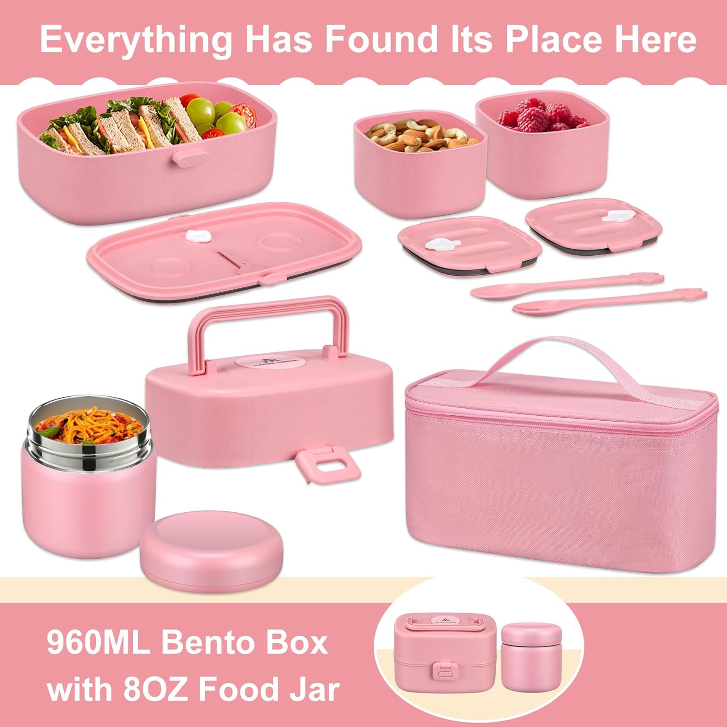 Bento Lunch Box with 8oz Soup Thermo, Kids Sustainable Bento Box Leakproof Lunch Food Containers with Lunch Bag, Kids Thermo Insulated Hot Food Jar for School, Trvael (Pink) - Image 4