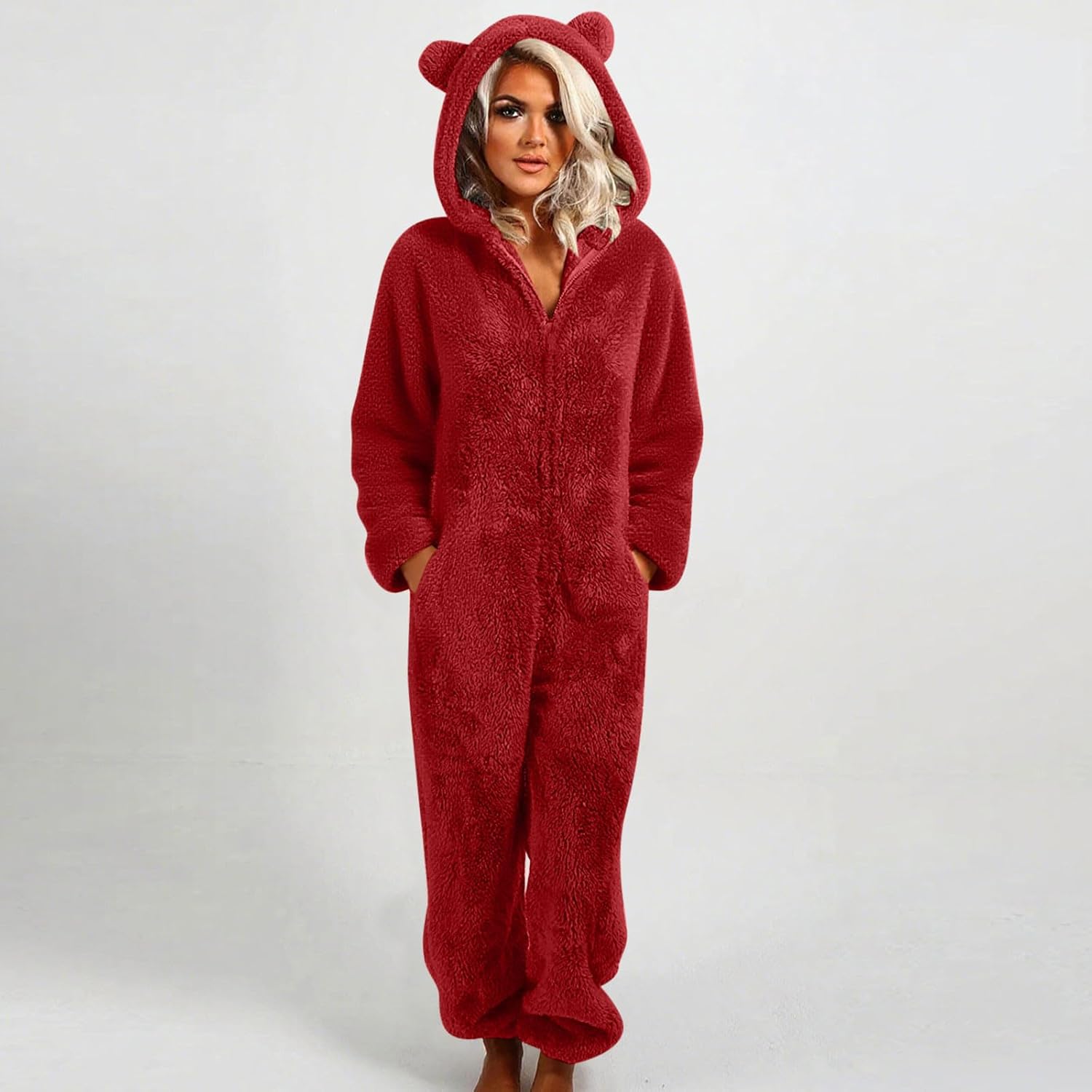 Onesie Pajamas Jumpsuit for Women Plus Size Hooded Sherpa Fuzzy Warm Cute Sleepwear with Pockets Solid Cozy Rompers