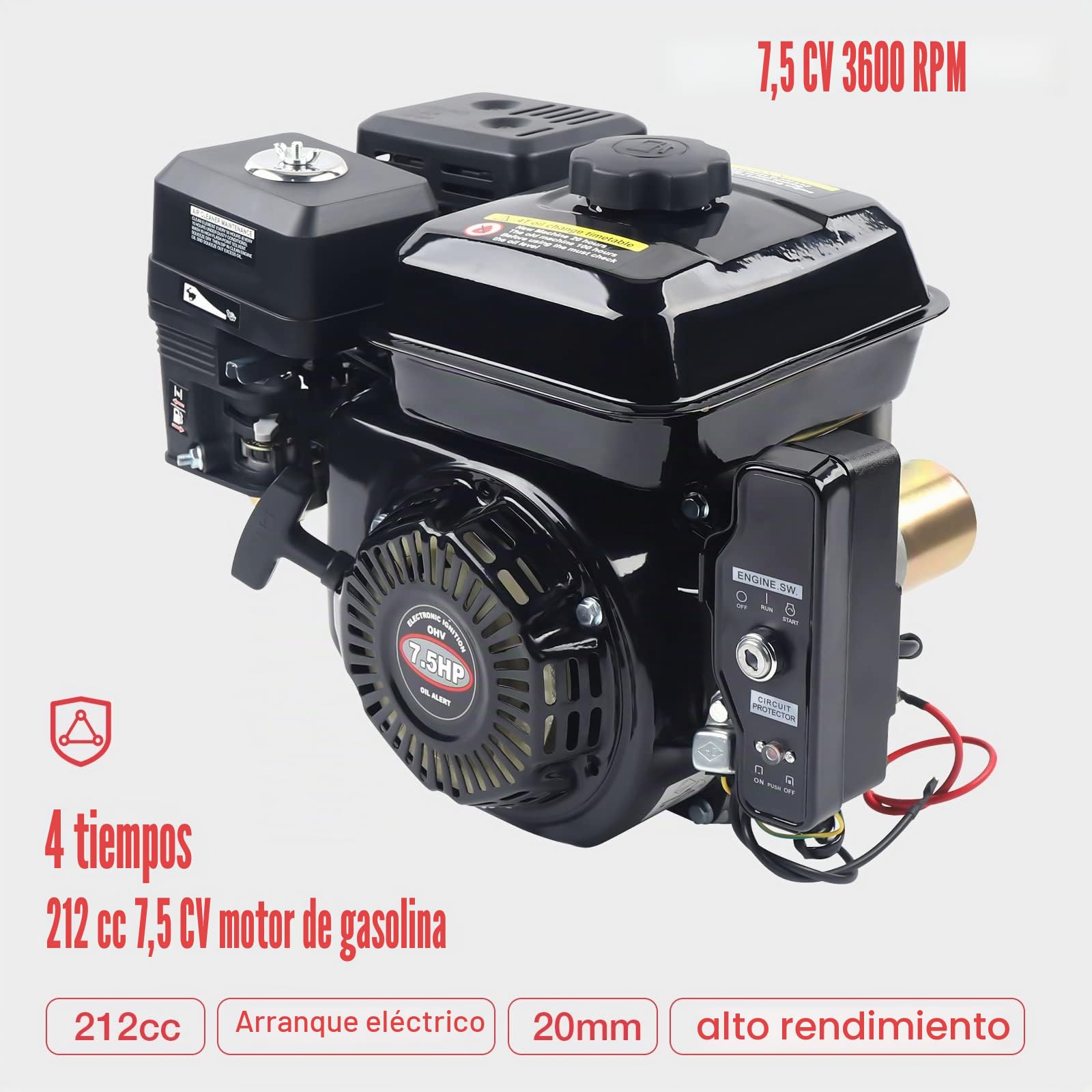 Motor de Gasolina 4 Tiempos 7,5 CV, Motor eléctrico Kart 3600 RPM Refrigeración por Aire Motor Industrial para Compresores Generadores Hormigoneras