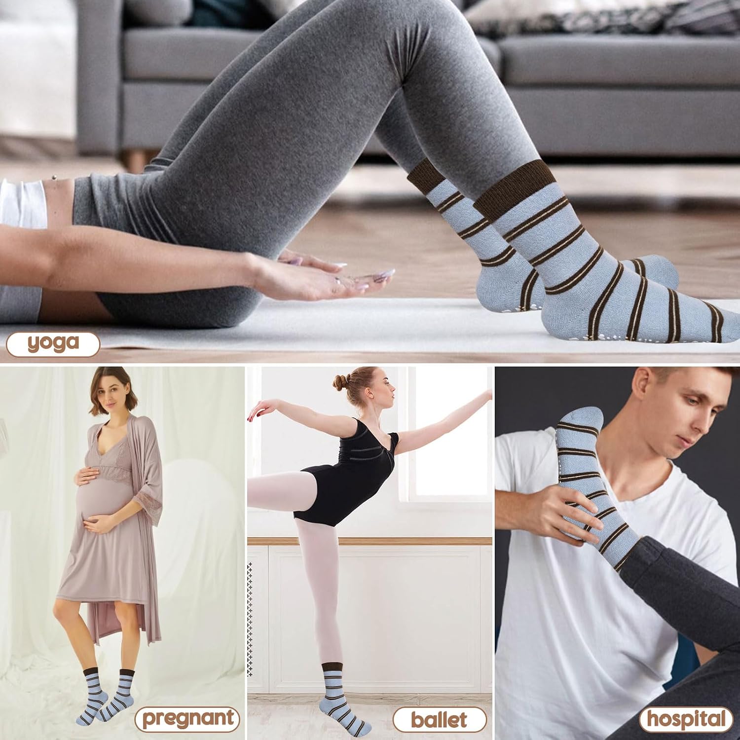 3 Pairs Cute Pilates Grip Socks for Women Heart Striped Non Slip Grip Socks for Yoga, Barre, Barefoot
