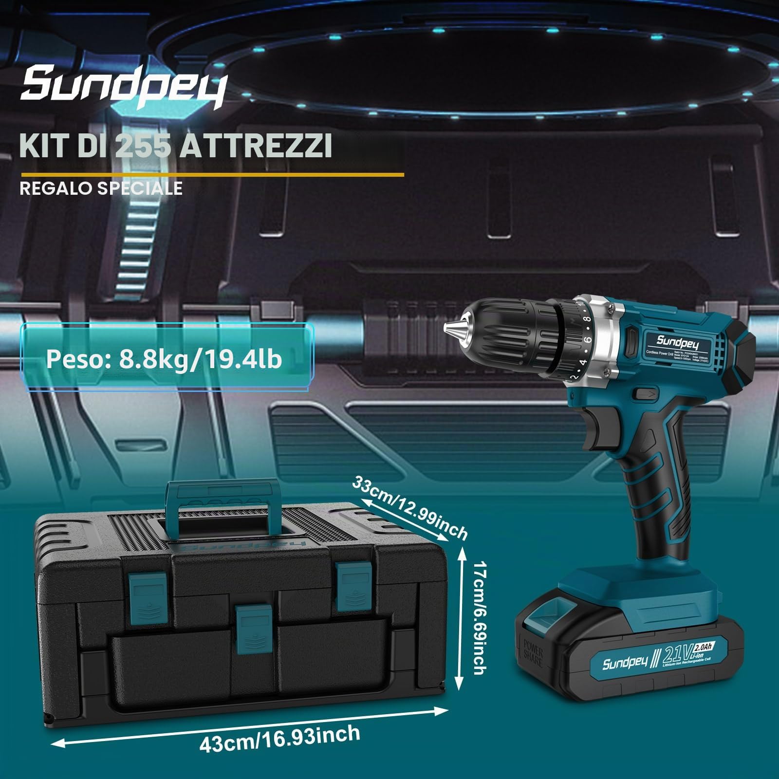 Sundpey Cassetta Attrezzi Completa 255 Pezzi con Trapano Avvitatore Batteria 21V, Avvitatore a Batteria Set Attrezzi da Lavoro con Cassetto per la Casa e la Riparazione Dell'auto per Fai Da Te