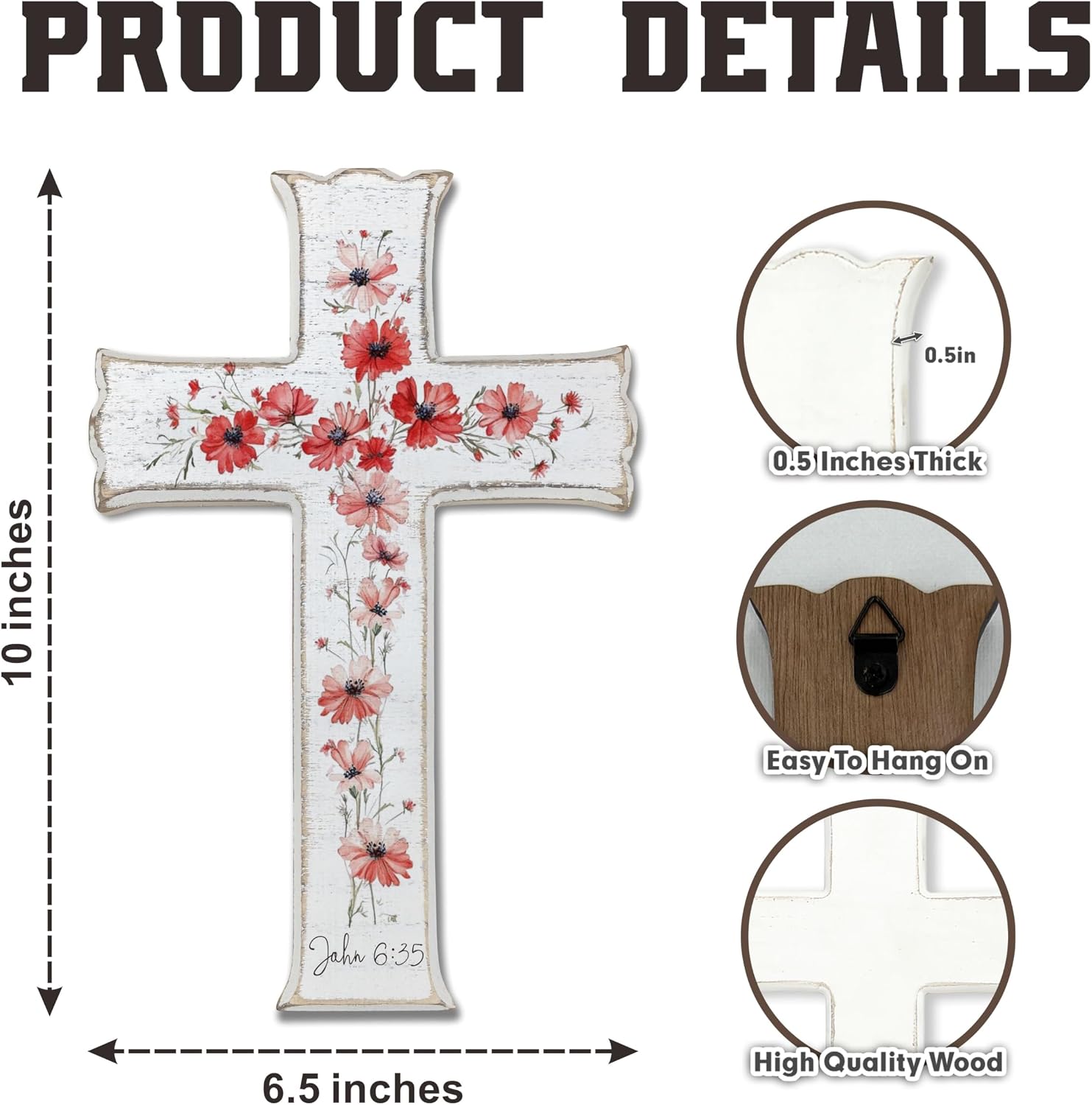 VZVCTFS White Cross with Red Wildflowers - John 6:35 Scripture Wooden Wall Decor, Rustic Farmhouse Christian Gift, Inspirational Floral Art for Home, Easter Christmas (6.5x10 Inch)（A08）