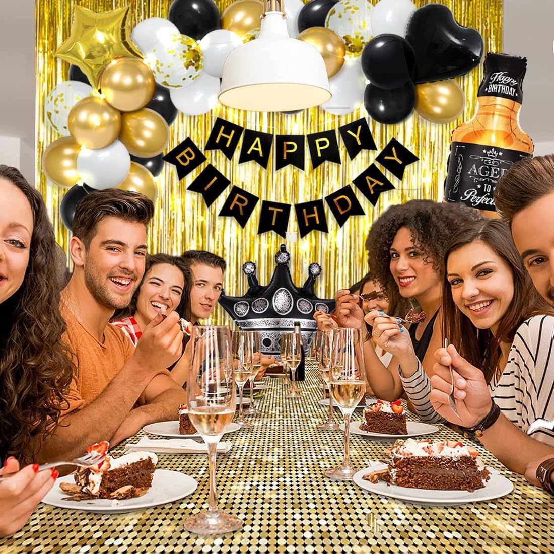 Black and Gold Birthday Decorations for Men Women with Happy Bithday Banner, Curtains, Bottle, Crown, Heart Star Balloons and LED light for Black and gold Party Decorations (Black-gold) - Image 5