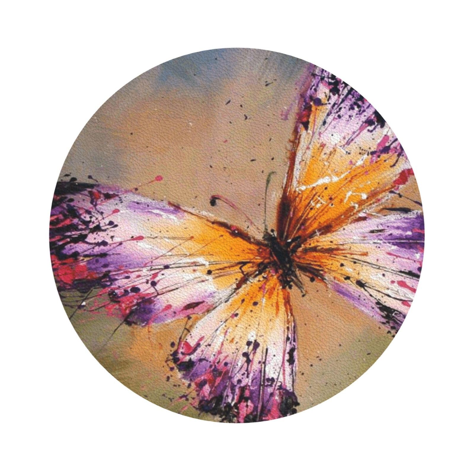 Embroidery Colorful Butterfly PU Leather Coasters Set of 6 Round Drink Coasters