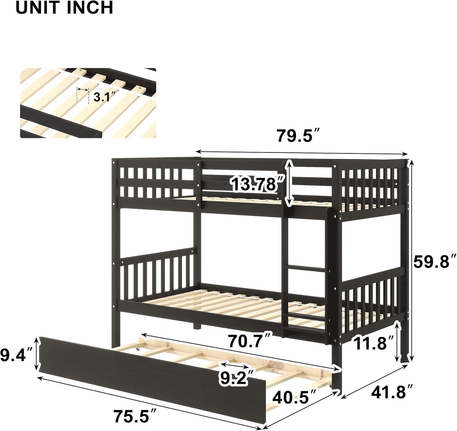 Merax Twin Over Twin Bunk Beds with Trundle, Solid Wood Trundle Bed Frame with Safety Rail and Ladder, Kids/Teens Bedroom, Guest Room Furniture, Can Be Converted into 2 Beds,Espresso