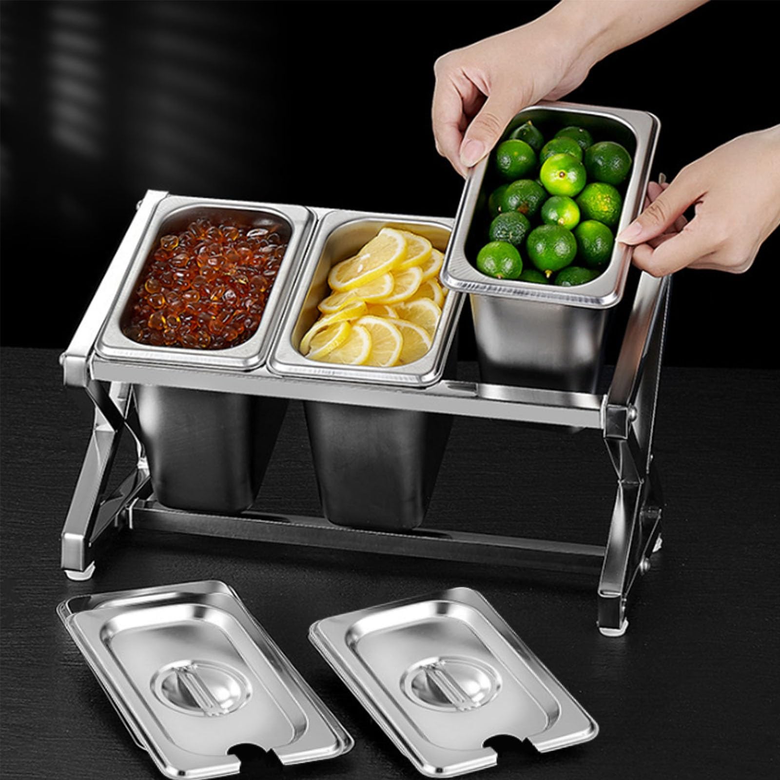 HADECOLL Pizza Topping Station With Spoon, Expandable Spice Rack Shelf, Condiment Caddy With Lid, Fruit Veggie Dispenser Tray For Sauce Ingredients,3 grids