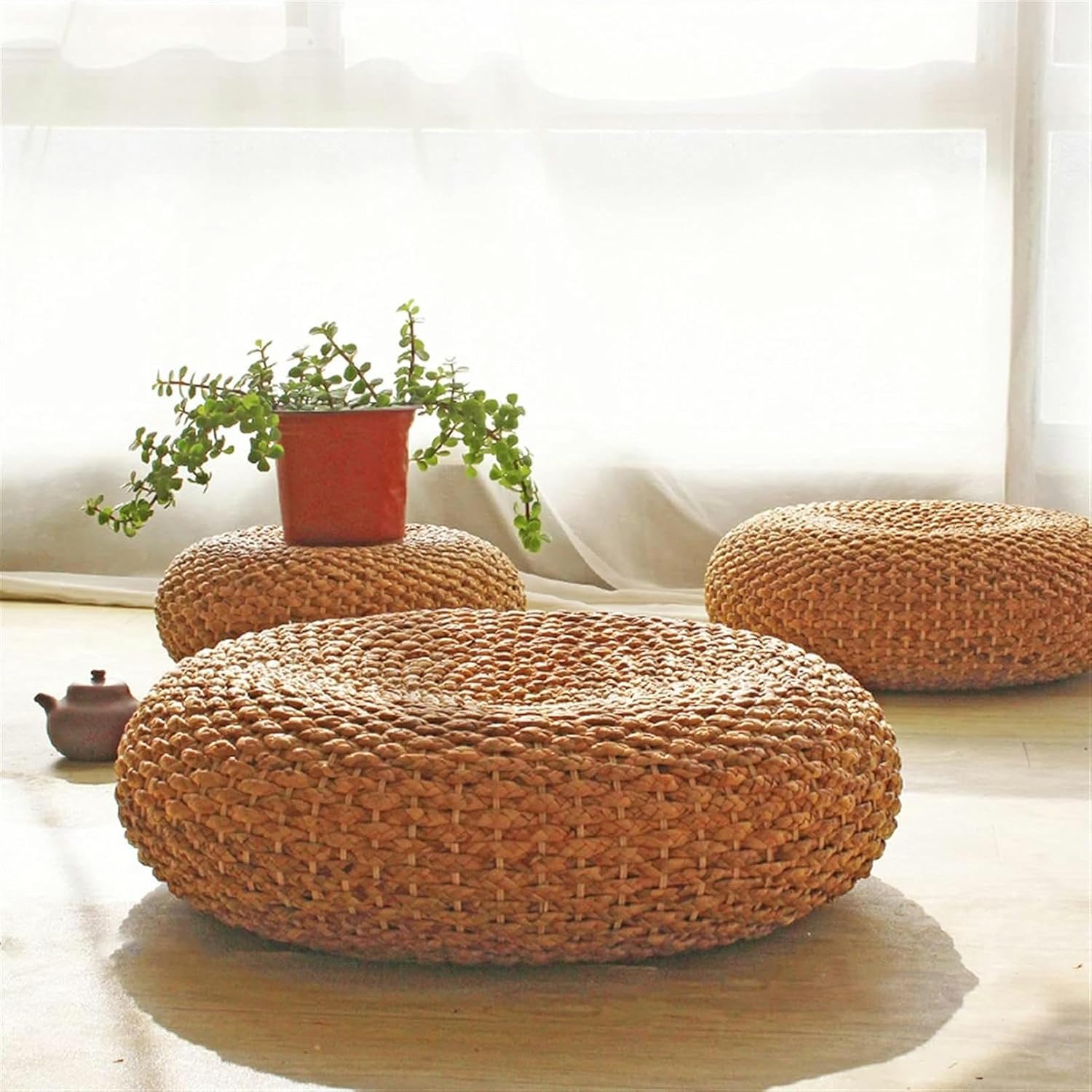 Floor Pillow Tatami Cushion Woven Straw Cushion Natural Woven Grass Cushion Round Floor Padded Yoga Mat Meditation Pillow Cushion for Home Outdoor Decor, 40cm/15.7inch, Brown