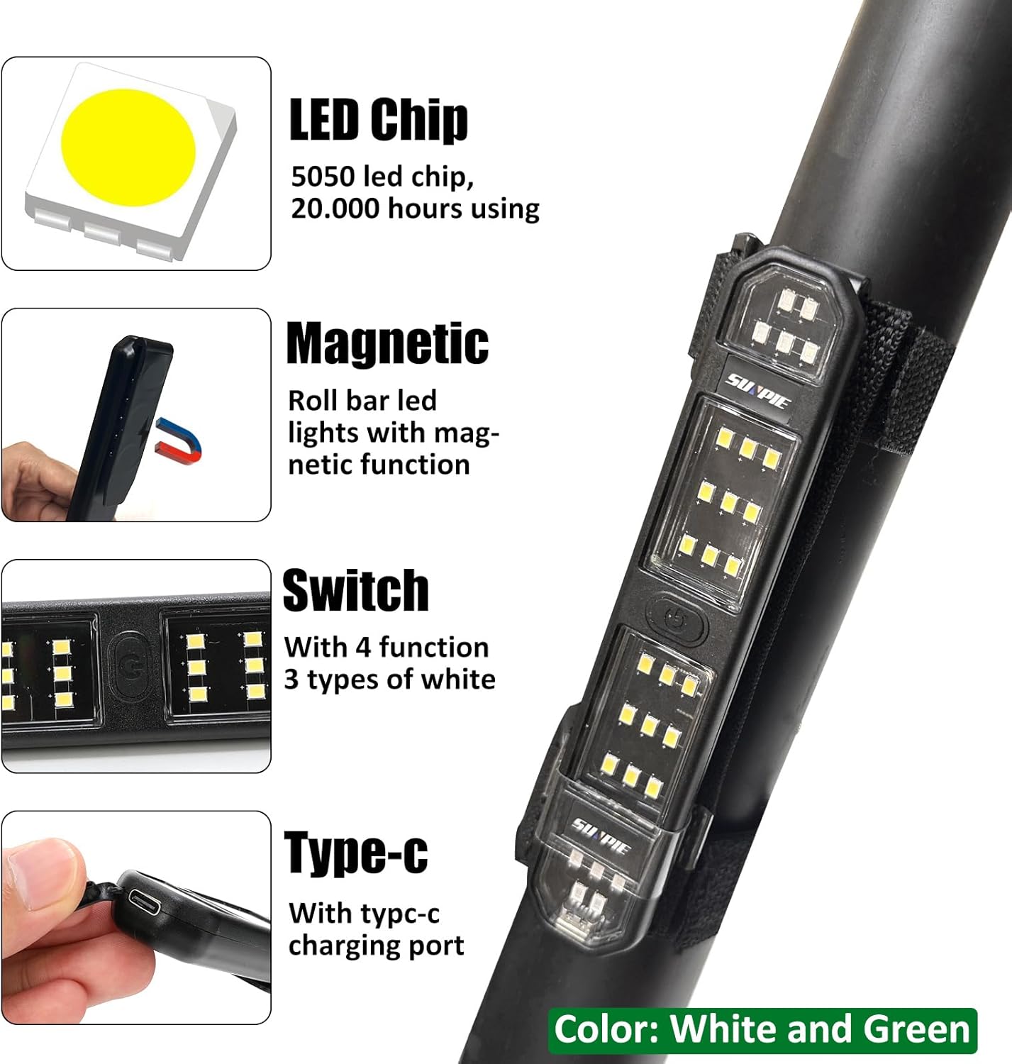 SUNPIE UTV Dome Light for Roll Bar Universal SXS Wireless Dome Light Interior Lighting Rechargeable for Polaris RZR/Ranger/General Talon/Pioneer Kawasaki Mule/Teryx Can Am/Yamaha, White and Green