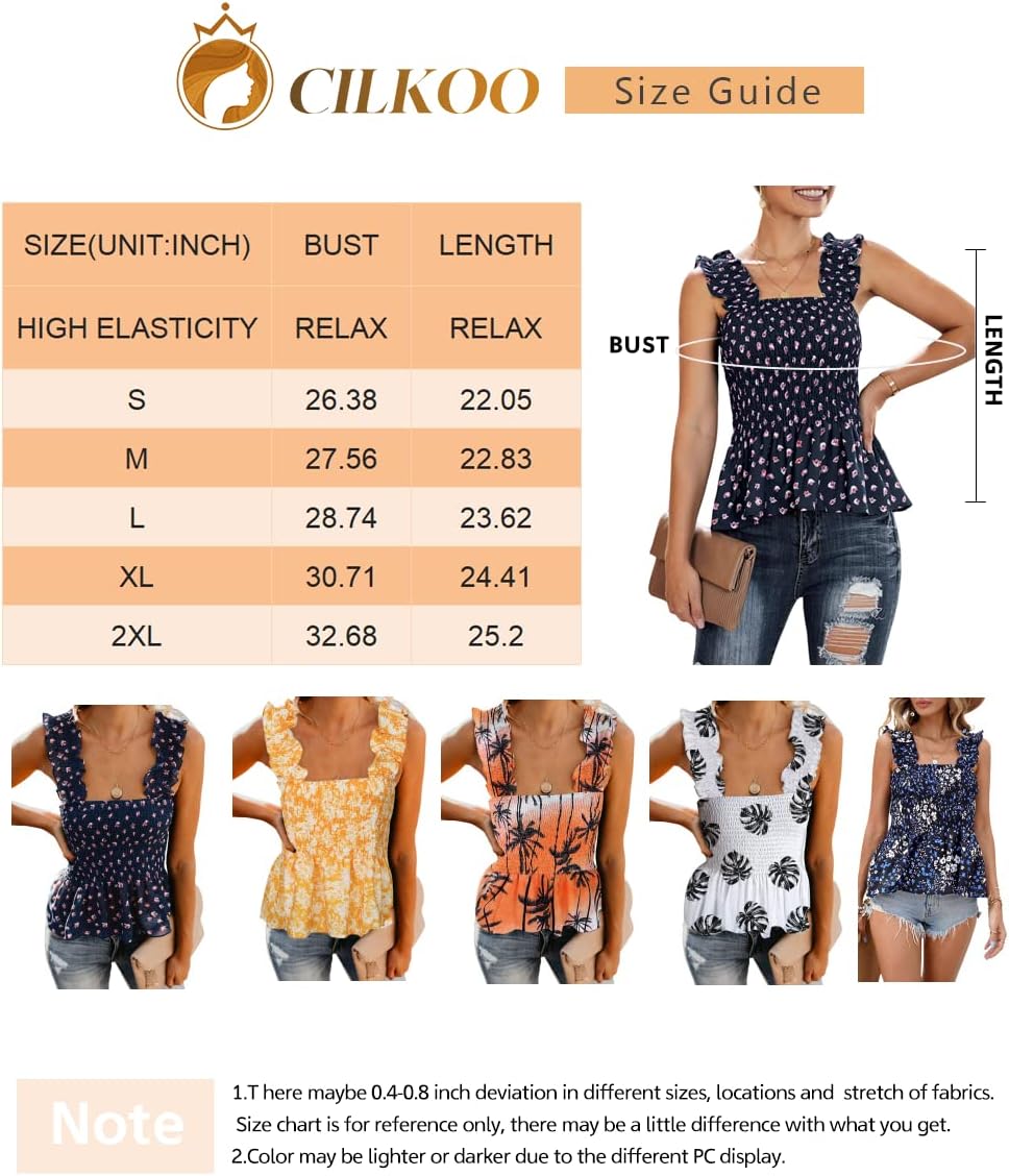 CILKOO Women Smock Tank Top Chic Ruffle Hem Strap Cami Top Summer Tanks Tops Elastic Crop Tank Top Orange Tank Top Cropped Blouse Shirts for Women Girl XX-Large