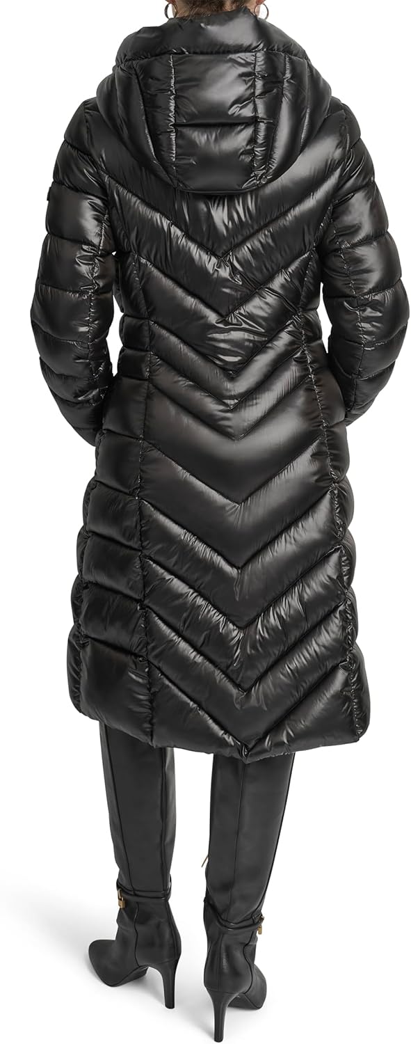 DKNY Women's Long Shiny Puffer Coat With Hood – Quilted Gloss Finish Winter Jacket - Image 4