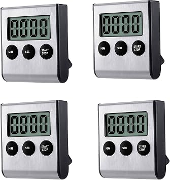 4 Pack Digital Kitchen Timer Magnet, Stainless Steel Cooking Timers with Alarm. Magnetic Countdown Timer for Kitchen Cooking, Baking,Sports Games AAA Battery Included