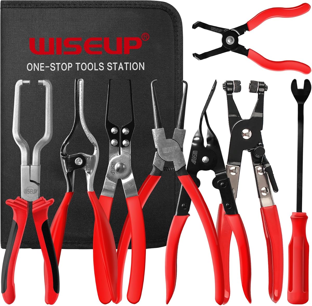WISEUP 8-Piece Fuel Line Disconnect Tool Set | Fuel Line/Hose Clamp/Removal Pliers, Electrical Disconnect/Push Pin Tools, Relay Puller, Panel Clip Remover & Filter Caliper