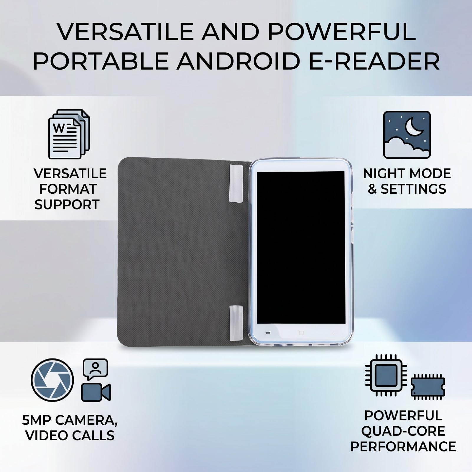 Fockety E Book Reader, 5 Zoll HD Touchscreen, 1G 8G, Tragbarer E Reader, Unterstützung für Android 5.1, Ultradünnes, Leichtes Ink eReader Gerät, Schnelleres Umblättern