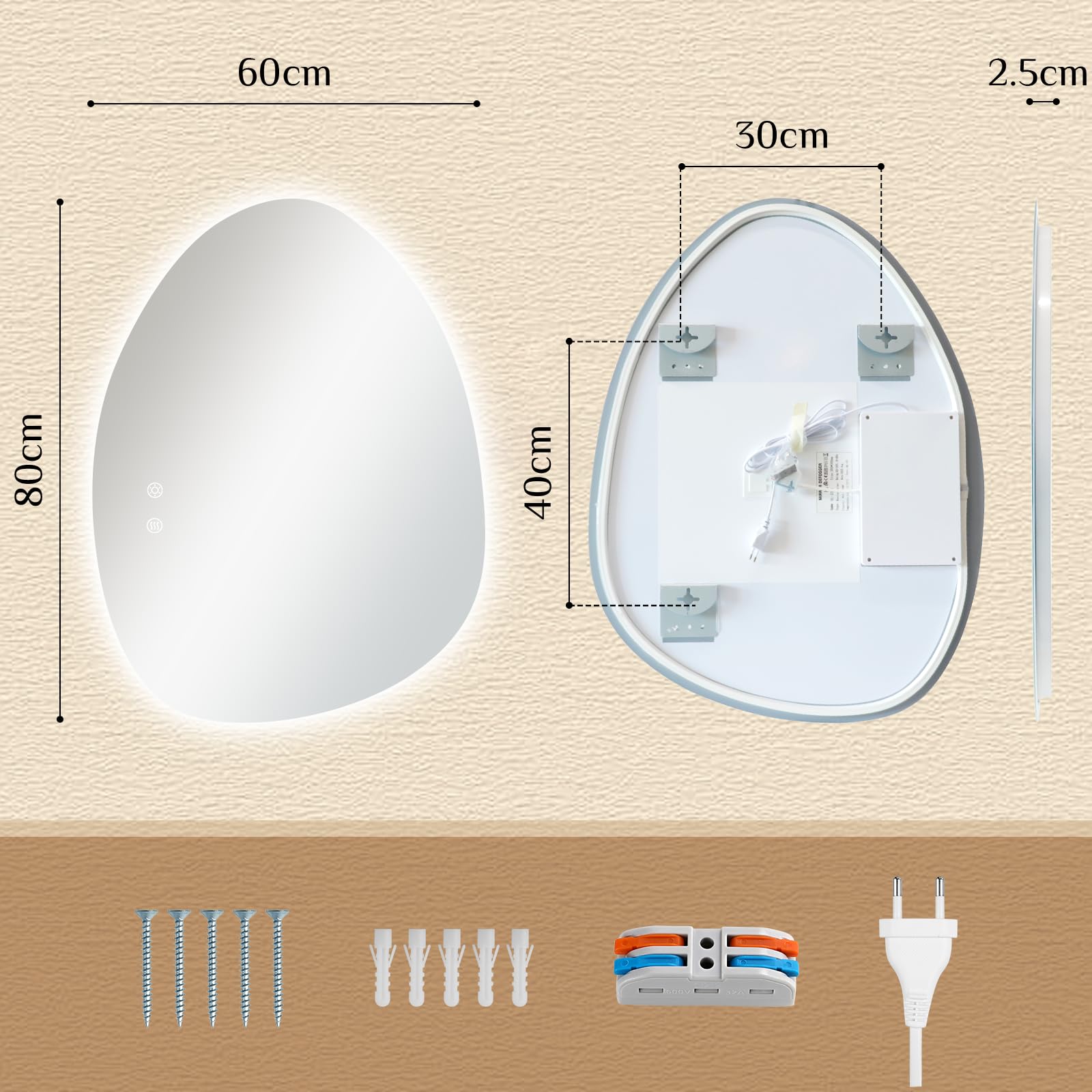 Clevich Miroir de Salle de Bain avec éclairage asymétrique 80 x 60 cm, Miroir LED avec 3 Couleurs de lumière à intensité Variable, Verre trempé, Interrupteur Tactile, Fonction mémoire, Anti-buée