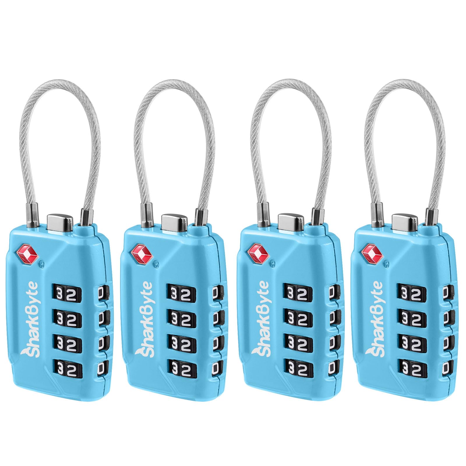 SharkByte TSA Approved Suitcase Locks - 4-Dial Security Travel Combination Padlock, Flexible Cable Wire Travel Lock for Suitcases, Luggage locks, Case Travel Bag Gym Locker Code Small PadLock (4 Pack)