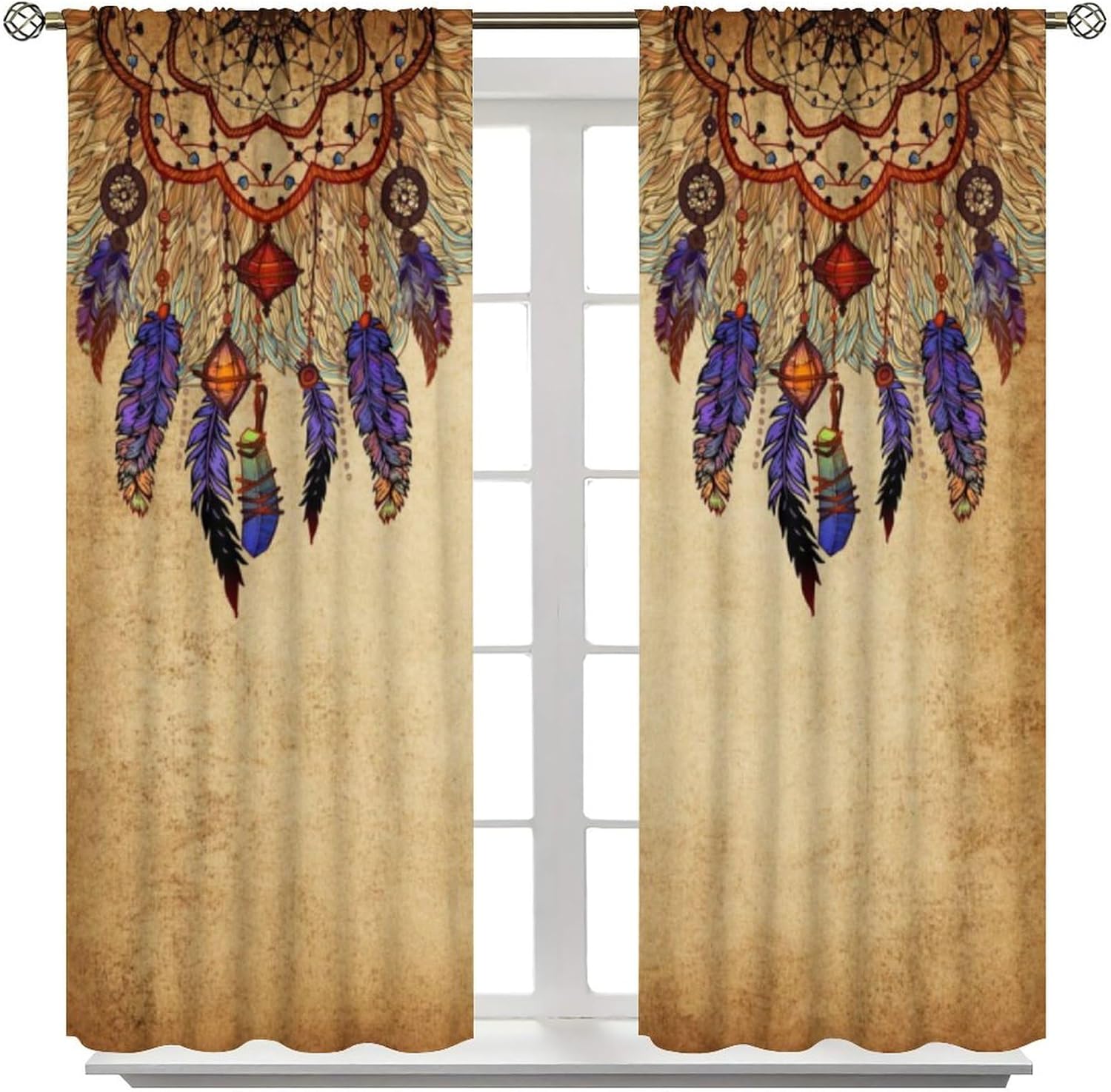 Vintage Feather Curtains for Kitchen,Ancient Colored Dreamcatcher Feather Totem Art of Indian Tribes Window Treatments Print for Girls Bedroom Living Room 42x45in(No Blackout) - Image 2