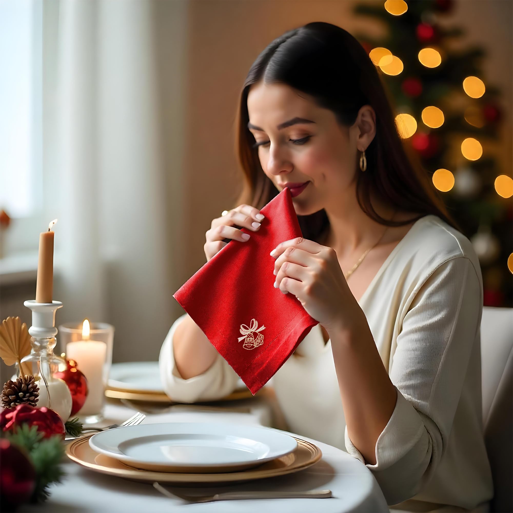 WedDecor 20 inch Filé Polyester Table Serviette avec Grelot Broderie pour Thème Noël Dîner Décorations pour Maison, Mariage,Banquet, Fête, Hôtel, Fête de Noël Décoration - Rouge, 20 inch