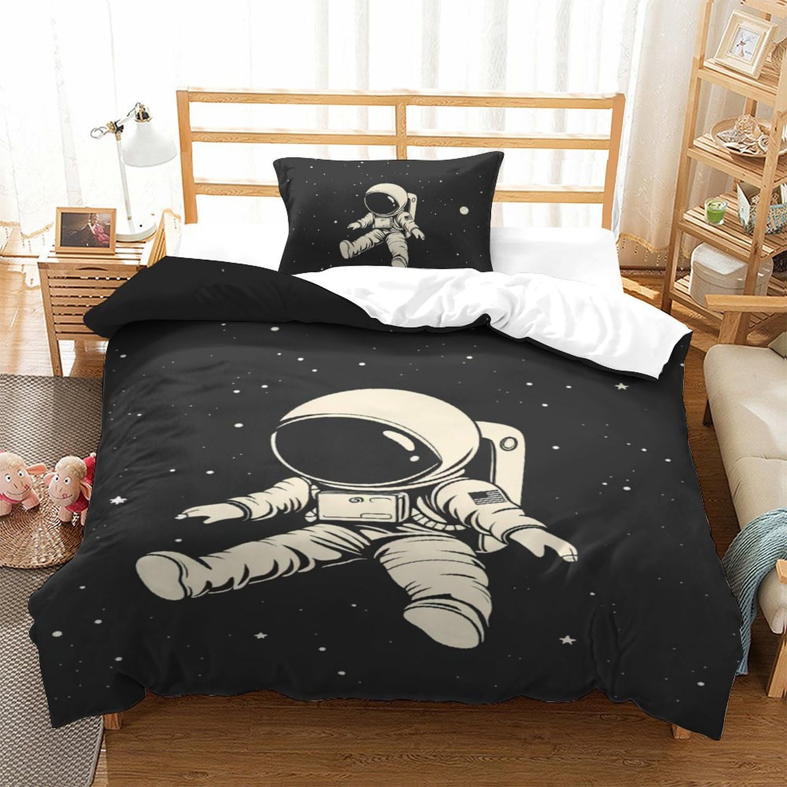 Housse de couette astronaute microfibre anti-plis et facile à enfiler avec sa fermeture éclair