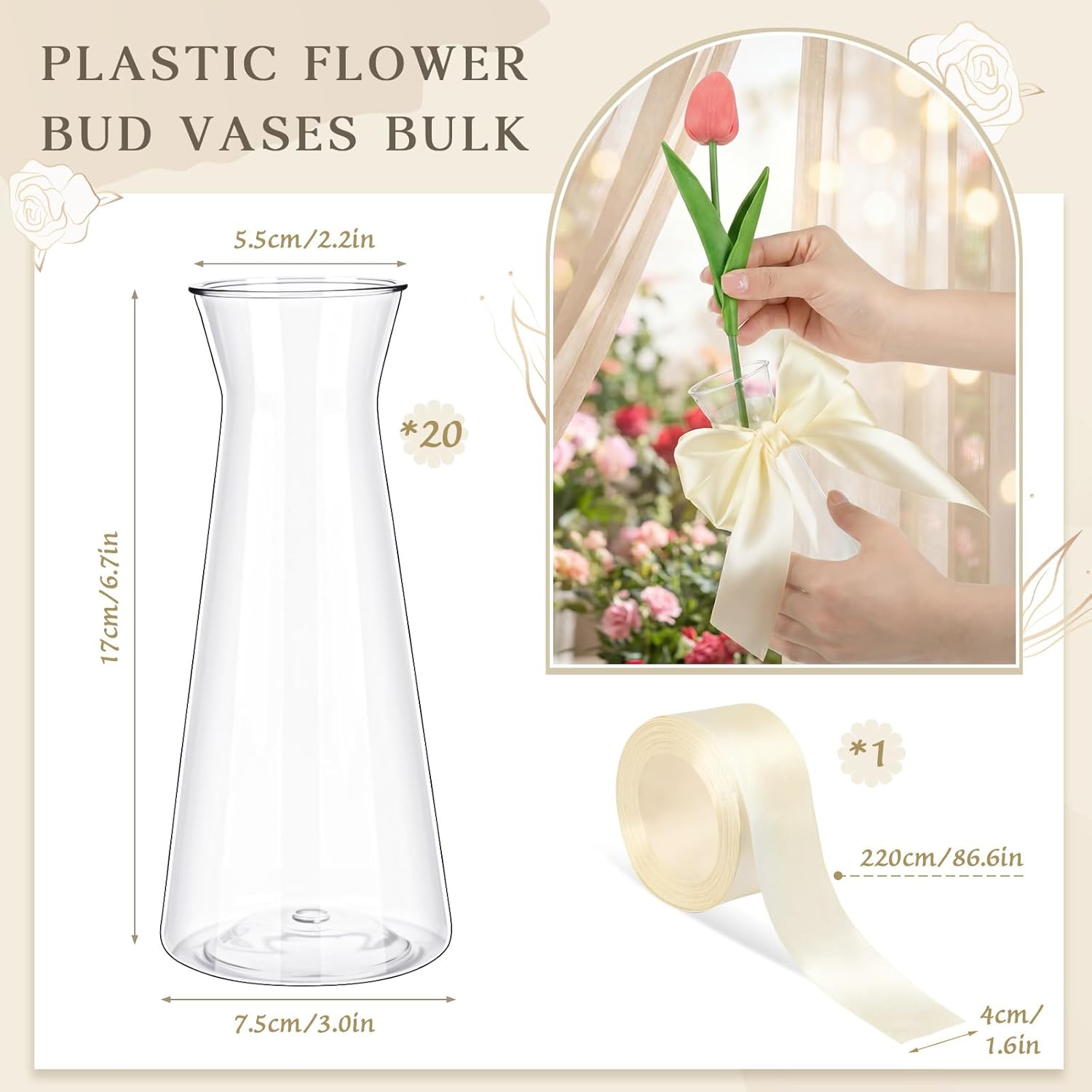 20 Pcs Small Plastic Bud Vases Bulk with Ribbon for Centerpieces, Clear Flower Vases for Wedding Home, Height Shatterproof Vase for Wedding Home Office Birthday Party Table Decoration - Image 2