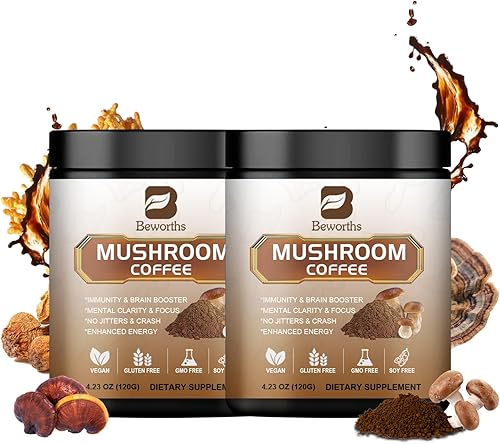 2Pack Café de Hongos - Polvo de Hongos Melena de León Arabica Café Instantáneo con Melena de León, Reishi, Chaga, Cordyceps y Cola de Pavo -
